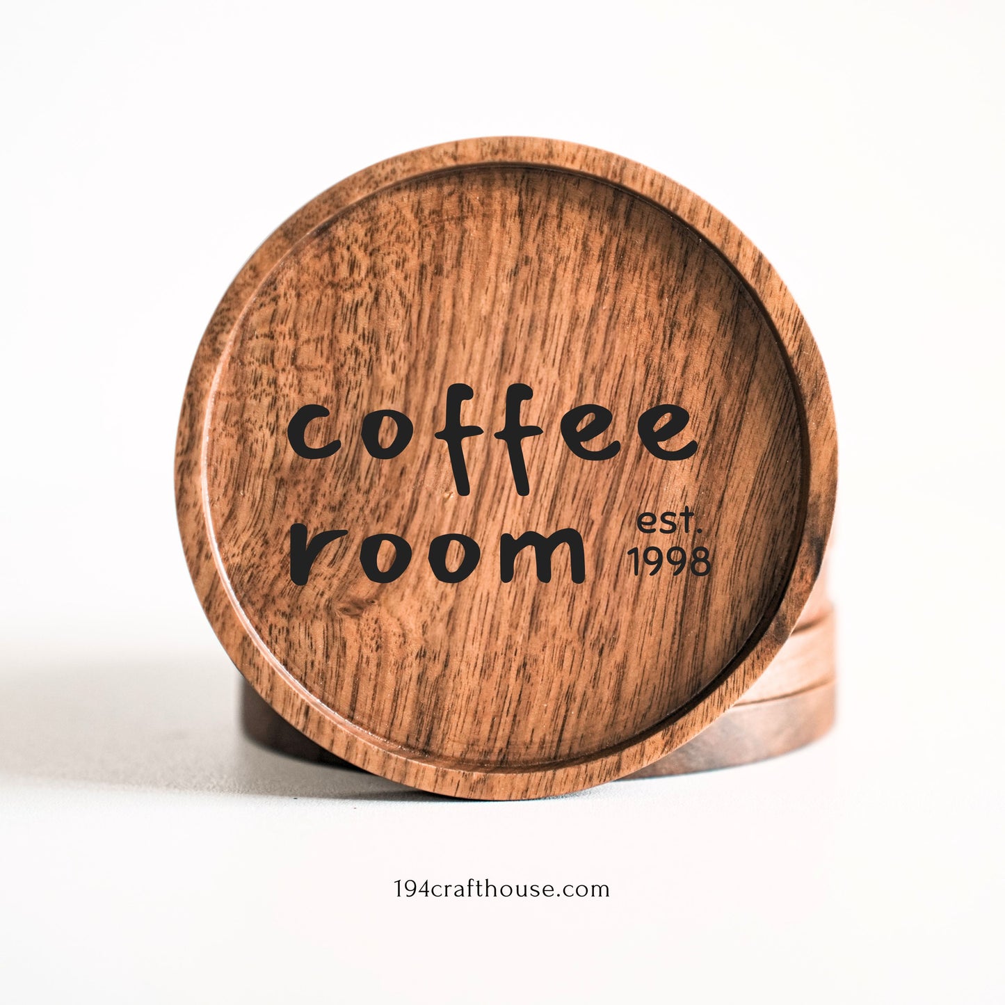 Coffee Room Text Engraved on a  Walnut Wood Coaster with the white background for Coffee Tables & Decor by 194 Craft House