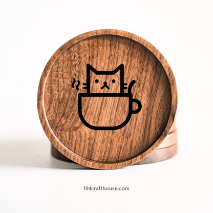 Coffee cat engraved walnut wood coaster featuring a cat sitting inside a coffee cup