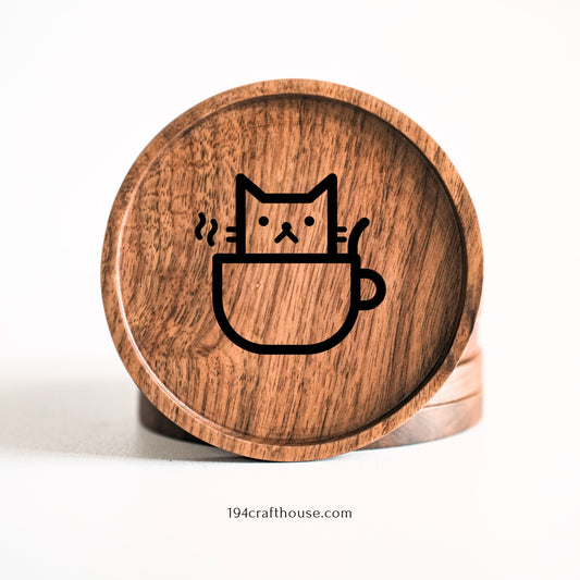 Coffee cat engraved walnut wood coaster featuring a cat sitting inside a coffee cup