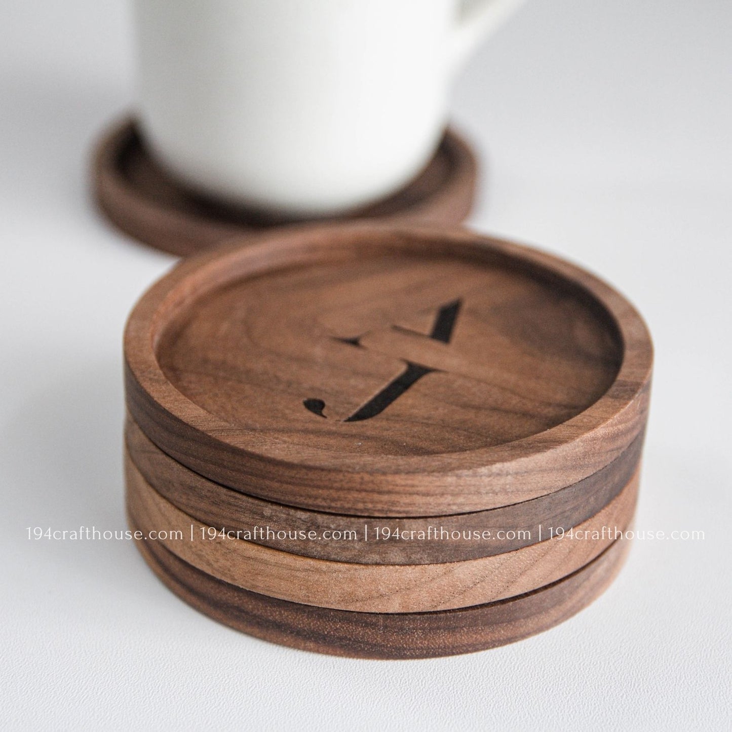 Custom Logo Engraved Round Walnut Wood Coasters- Home Decor & Gifts