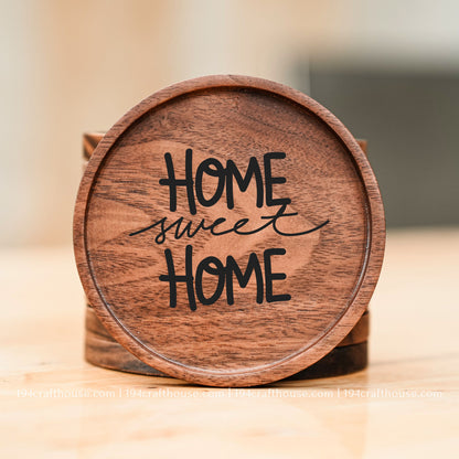 Home Sweet Home Engraved Walnut Wood Coasters for Coffee Tables & Decor