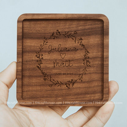 Square walnut wood coaster with custom engraving and rich natural wood grain