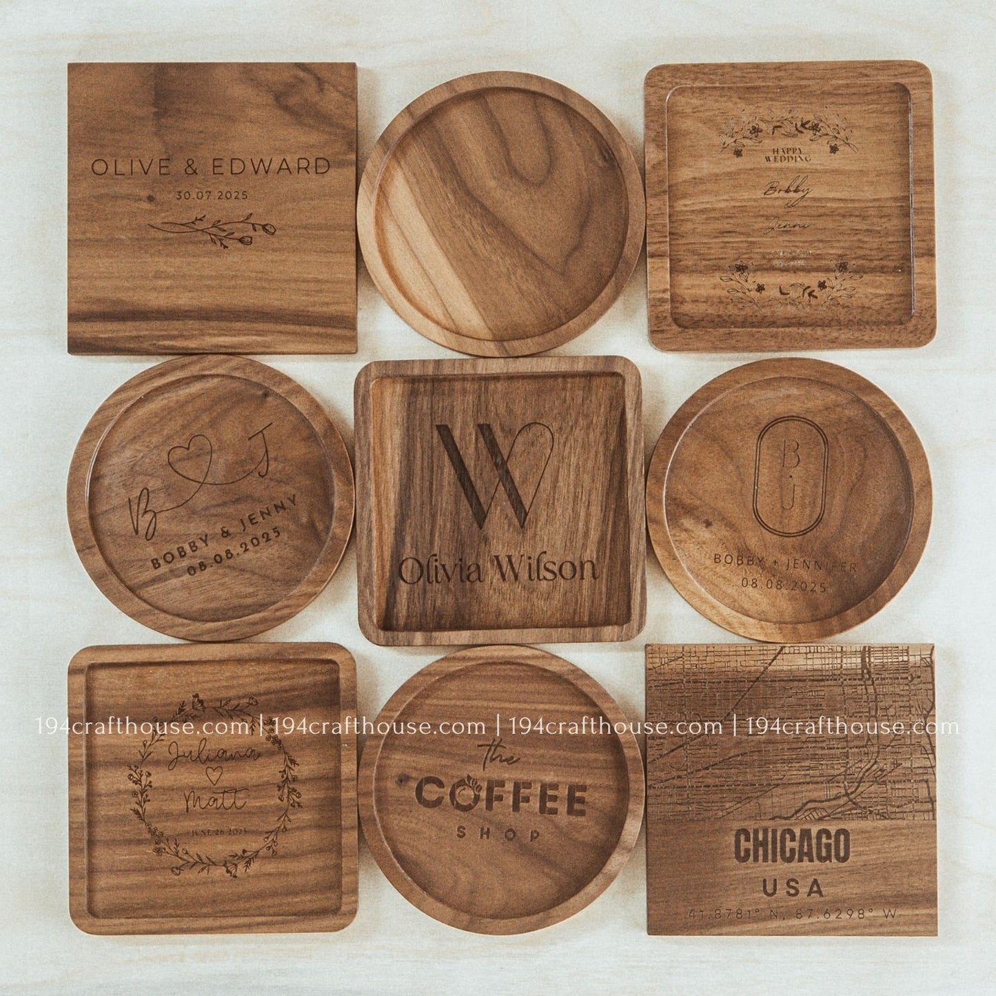 Set of nine handcrafted square walnut wood coasters showcasing natural wood grain variations