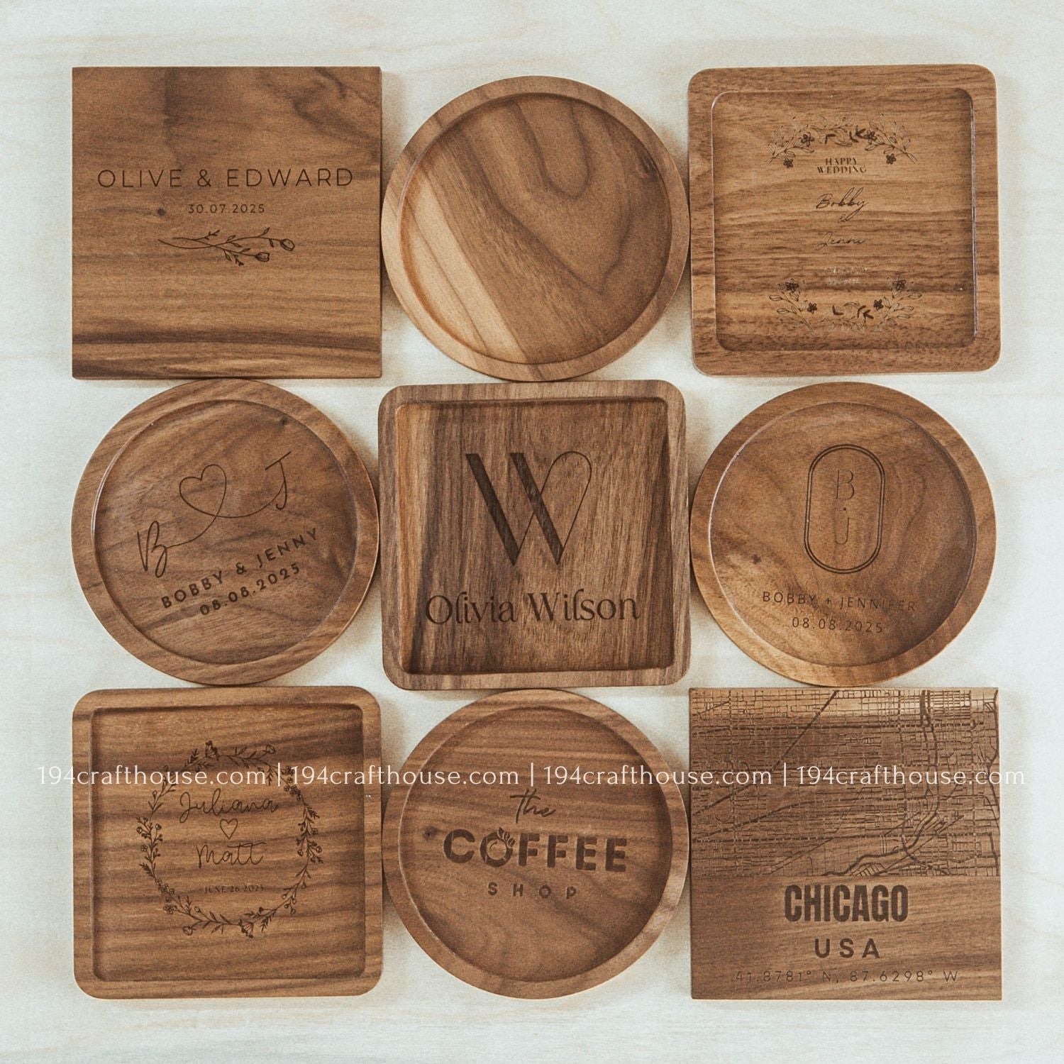 Set of nine handcrafted square walnut wood coasters showcasing natural wood grain variations