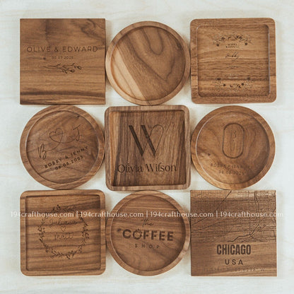 Set of nine handcrafted square walnut wood coasters showcasing natural wood grain variations