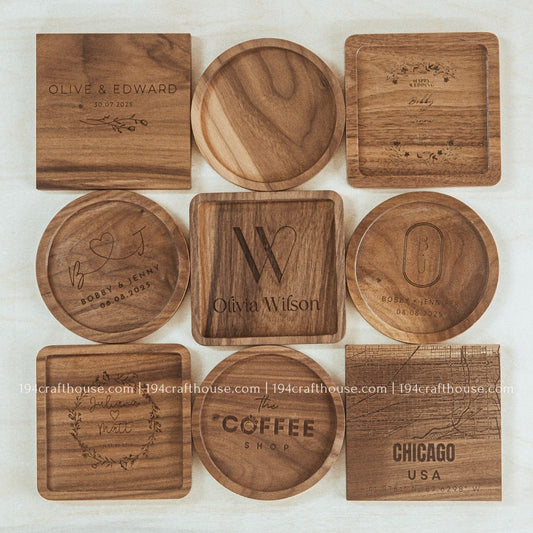 Set of nine handcrafted square walnut wood coasters showcasing natural wood grain variations