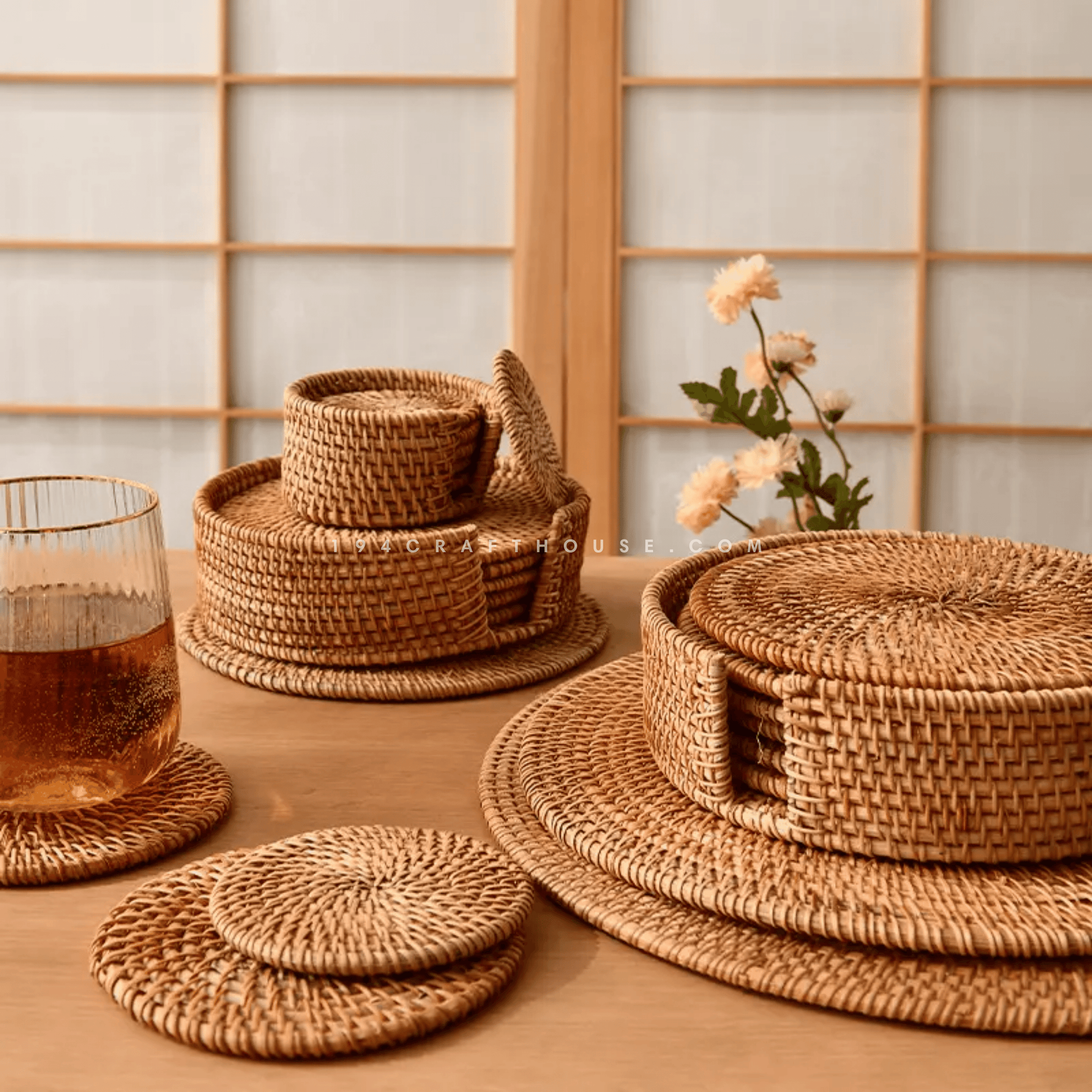 Hand-woven Round Rattan Placemats Set Of 6 With Round Holder – 194