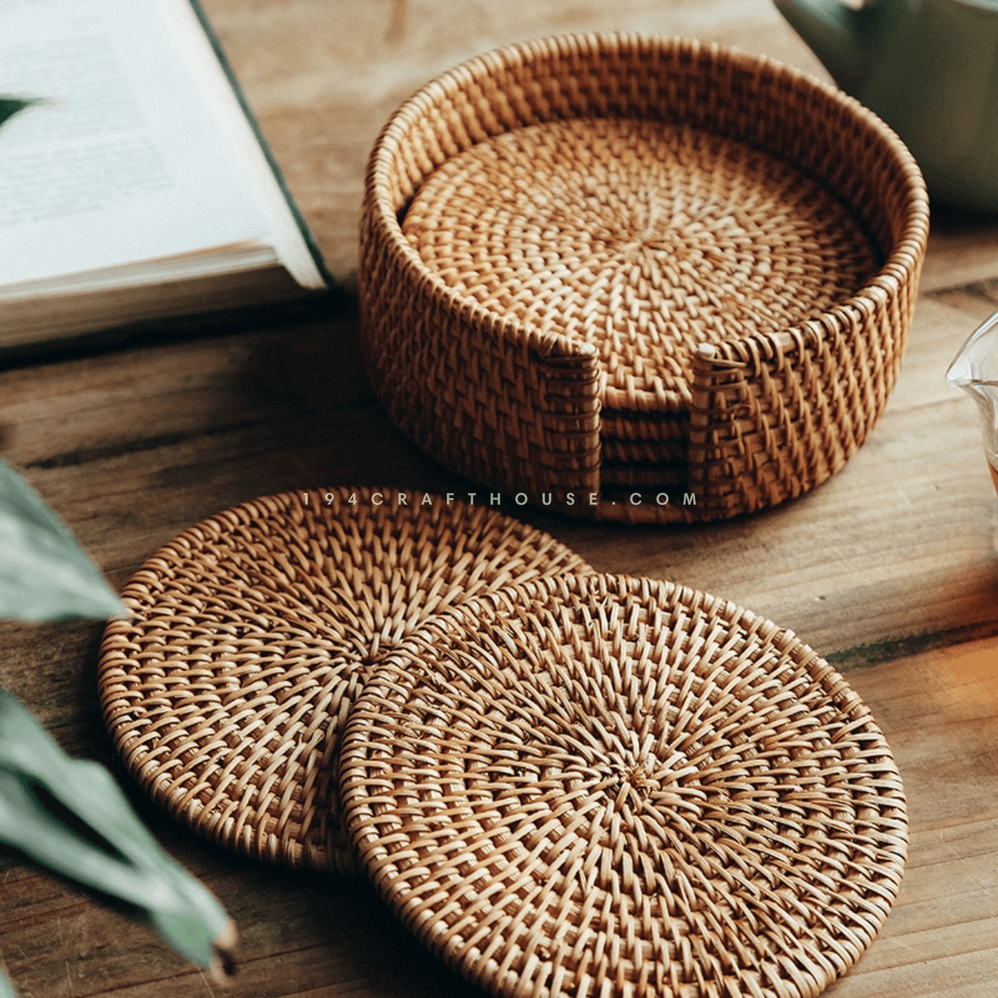 Hand-woven Round Rattan Placemats Set Of 6 With Round Holder
