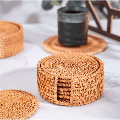 Hand-woven Round Rattan Placemats Set Of 6 With Round Holder