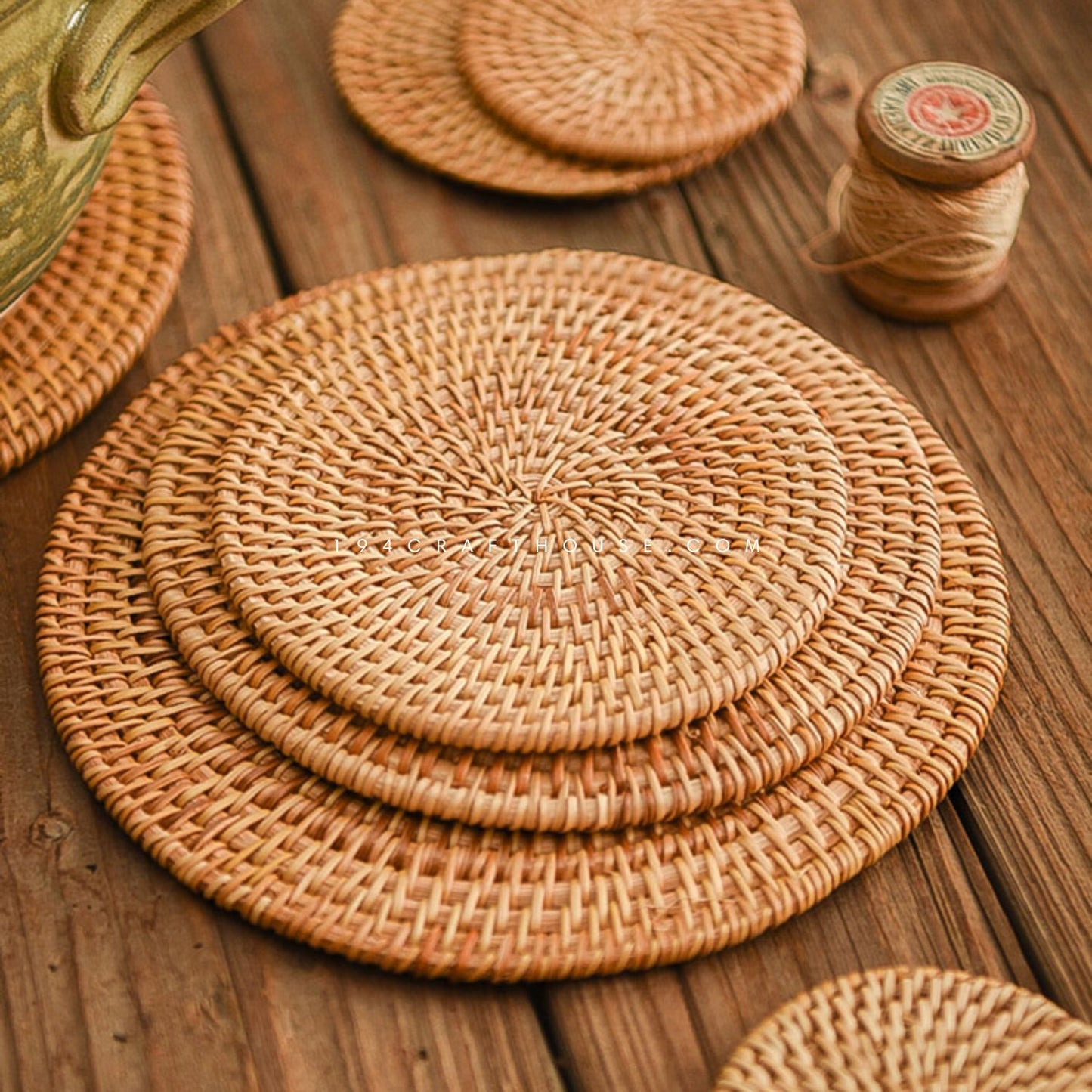 Handwoven Natural Round Rattan Placemats - Dining Table Decor