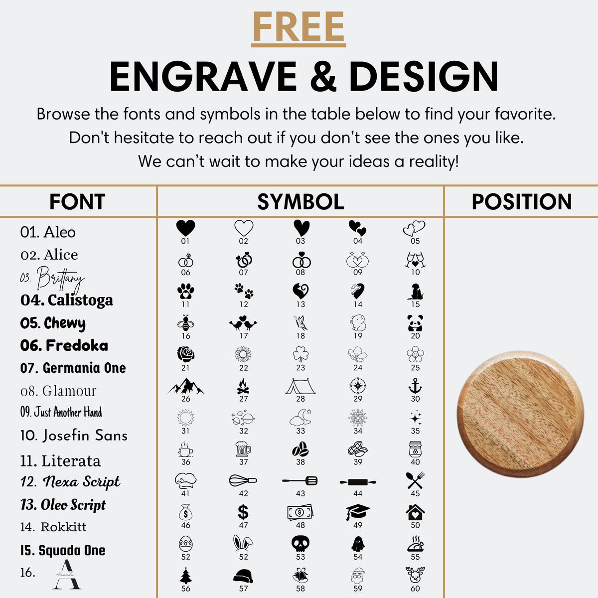 Free laser engraving customization guide displaying typography fonts, decorative symbols, and solid round wooden lid engraving placement.