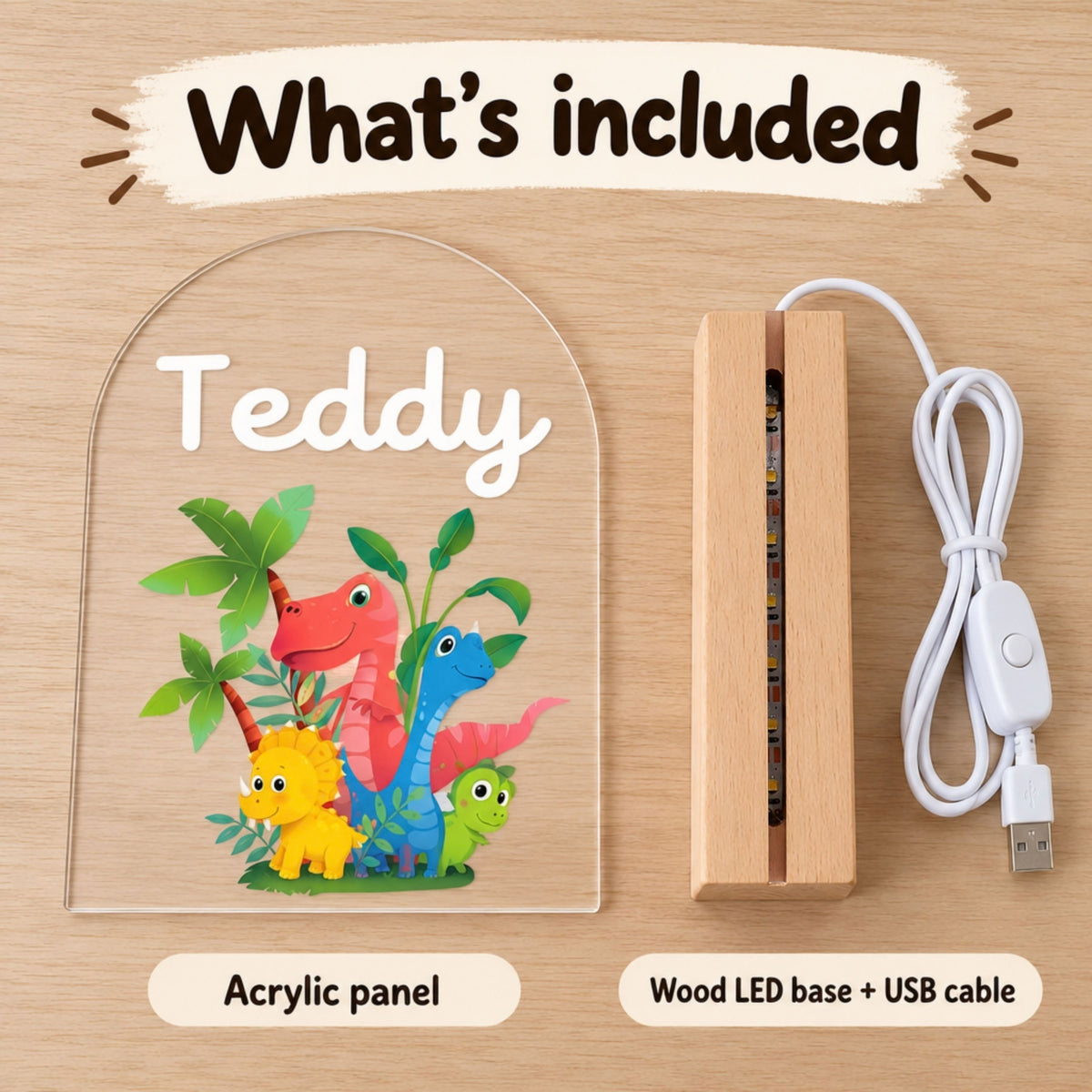 Graphic displays the acrylic panel, wood LED base, and USB cable beside the dinosaur design