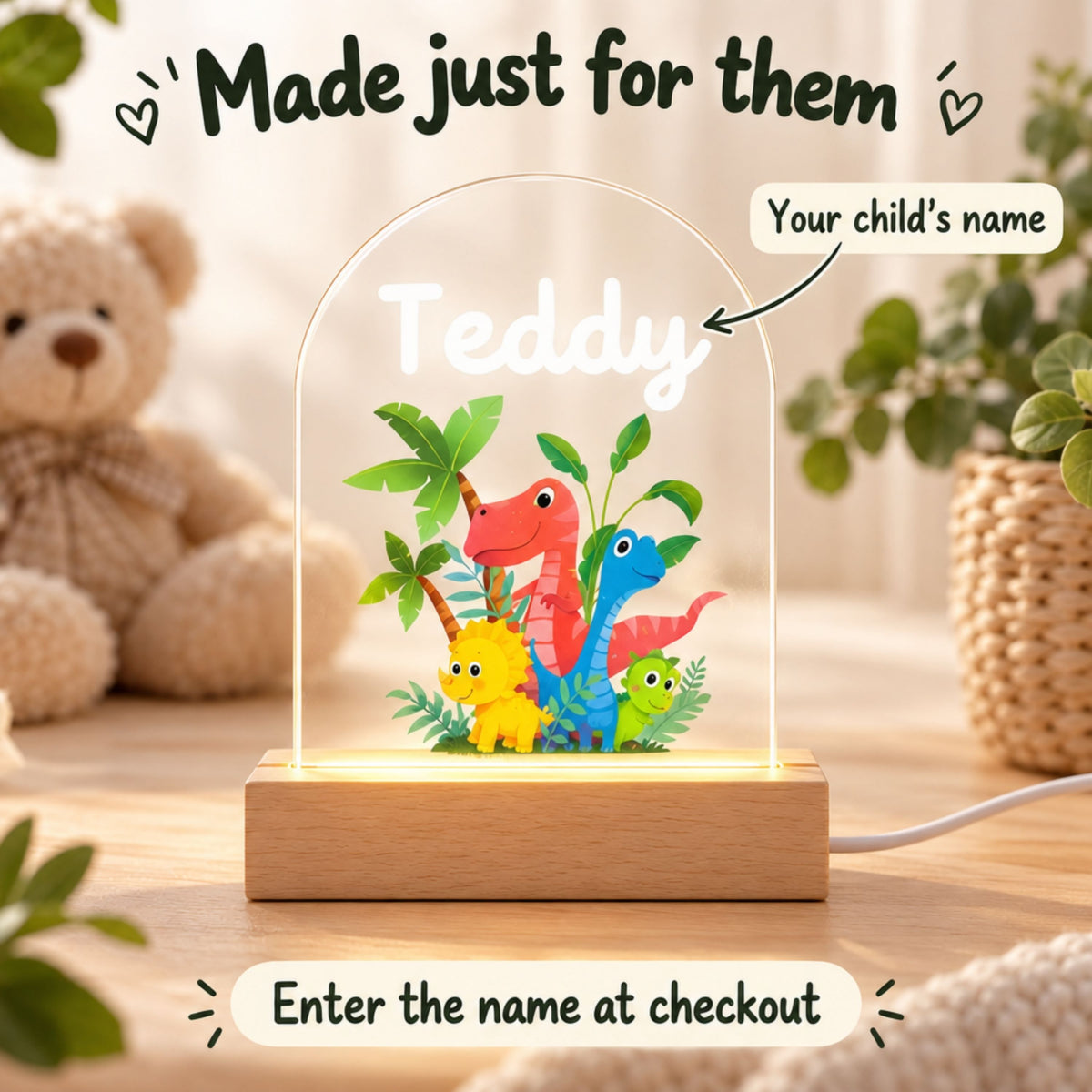 Personalization graphic points to the child’s name and says to enter the name at checkout