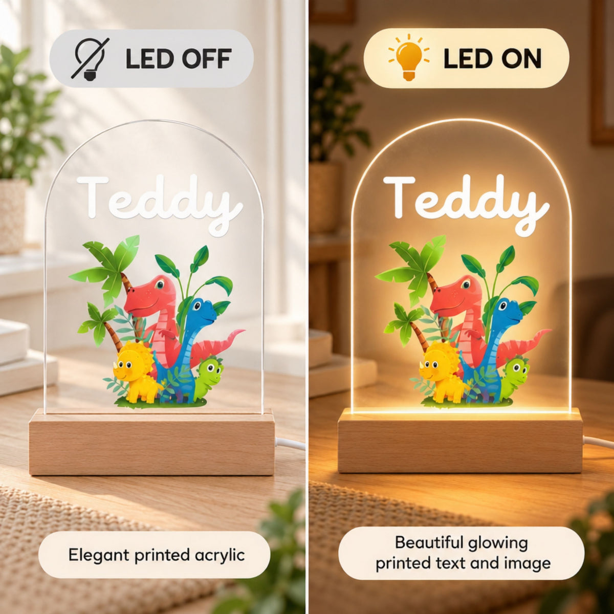 Side-by-side view shows the Teddy dinosaur night light switched off and glowing when on