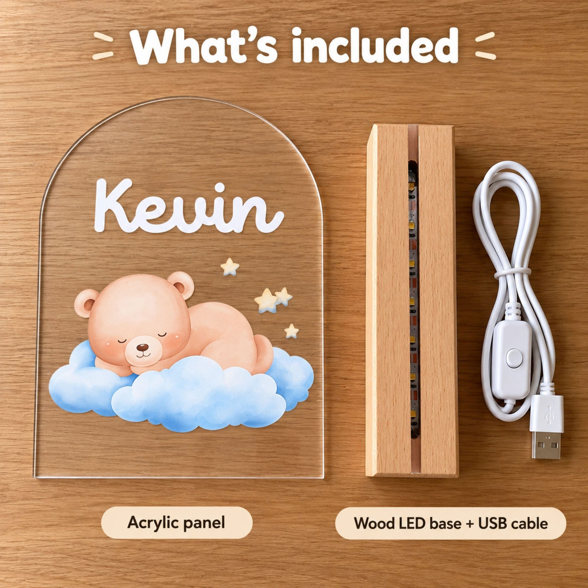 Included-parts graphic shows an acrylic panel, wood LED base, and USB cable beside the bear design.