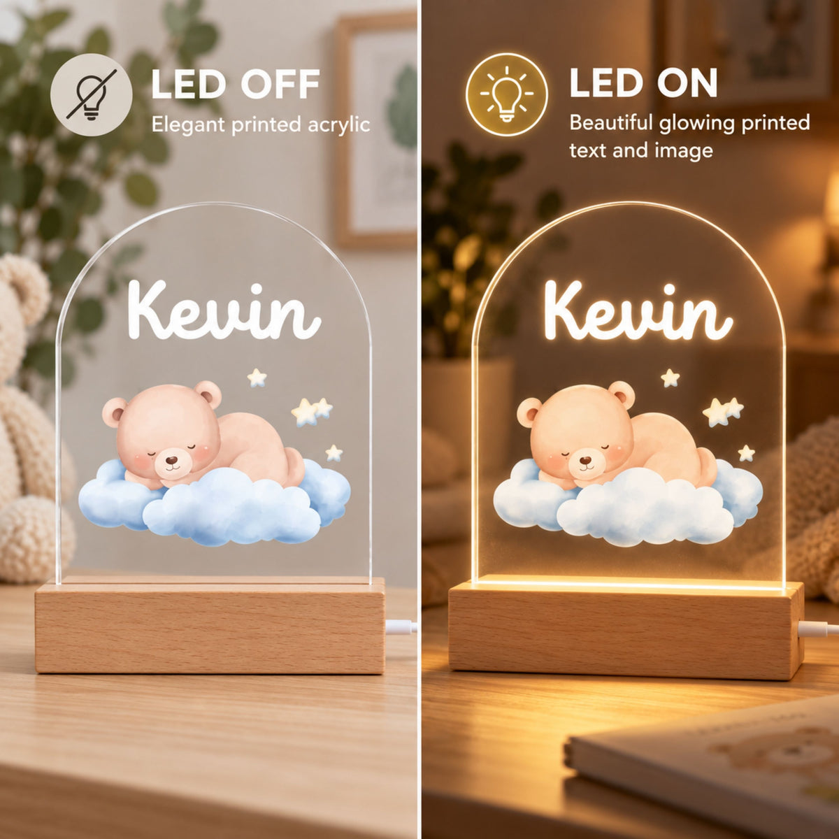 Side-by-side view of the bear night light with its LED off and glowing on.