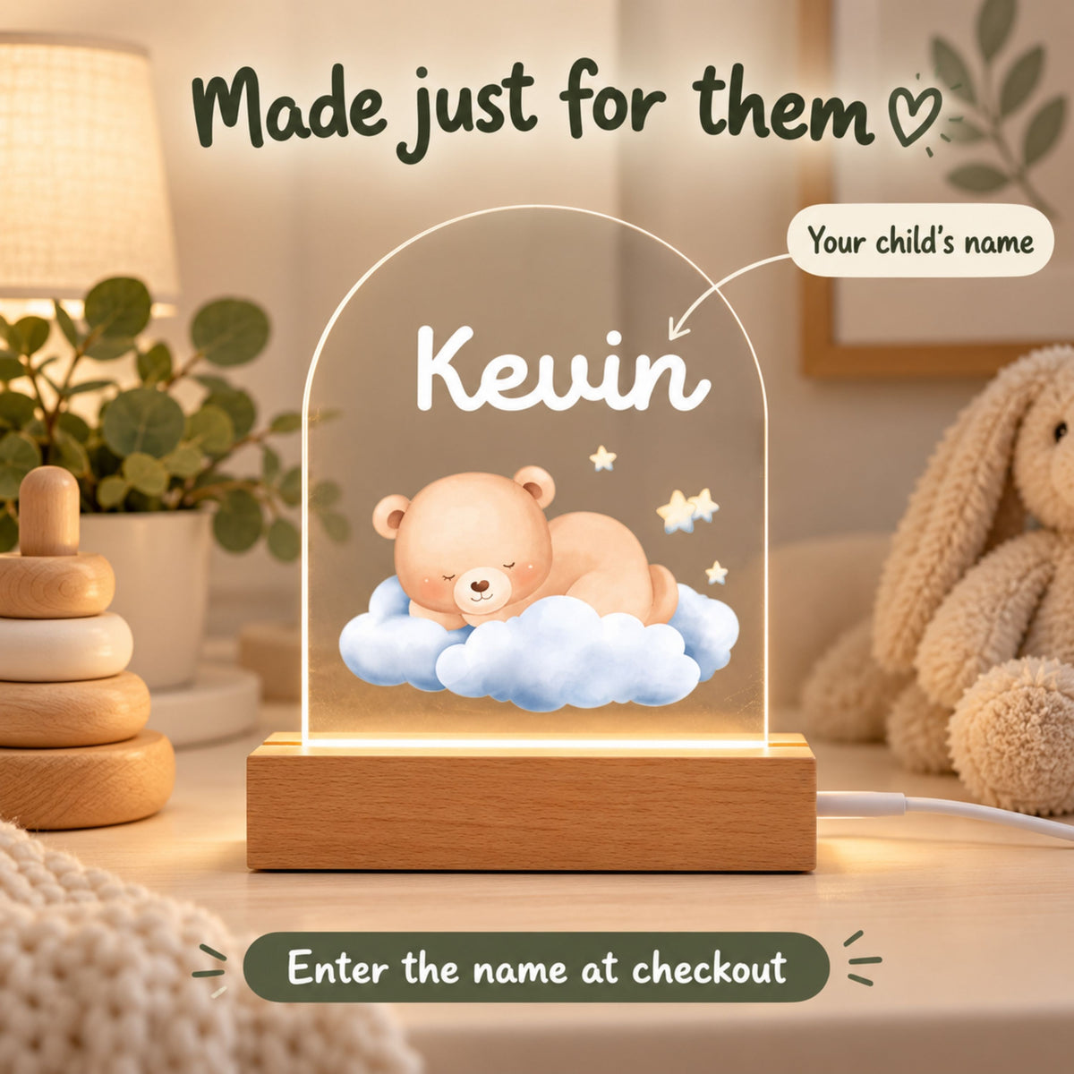 Night light personalization graphic points to the displayed name Kevin and invites entering a child's name.