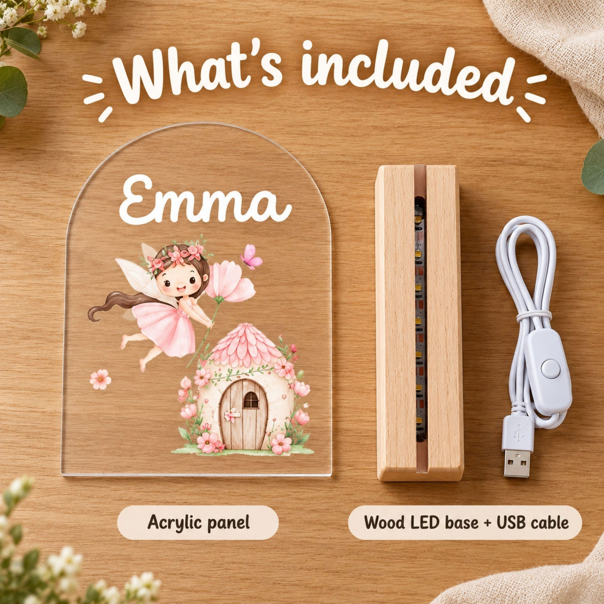 Display shows the acrylic fairy cottage panel, a separate light wood-tone base, and a white USB cable.