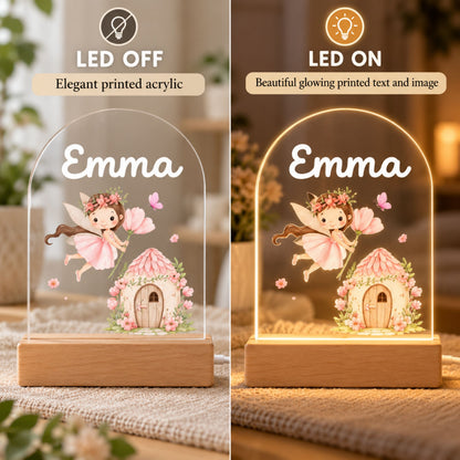 Side-by-side night light views show the fairy cottage artwork with the light off and illuminated.