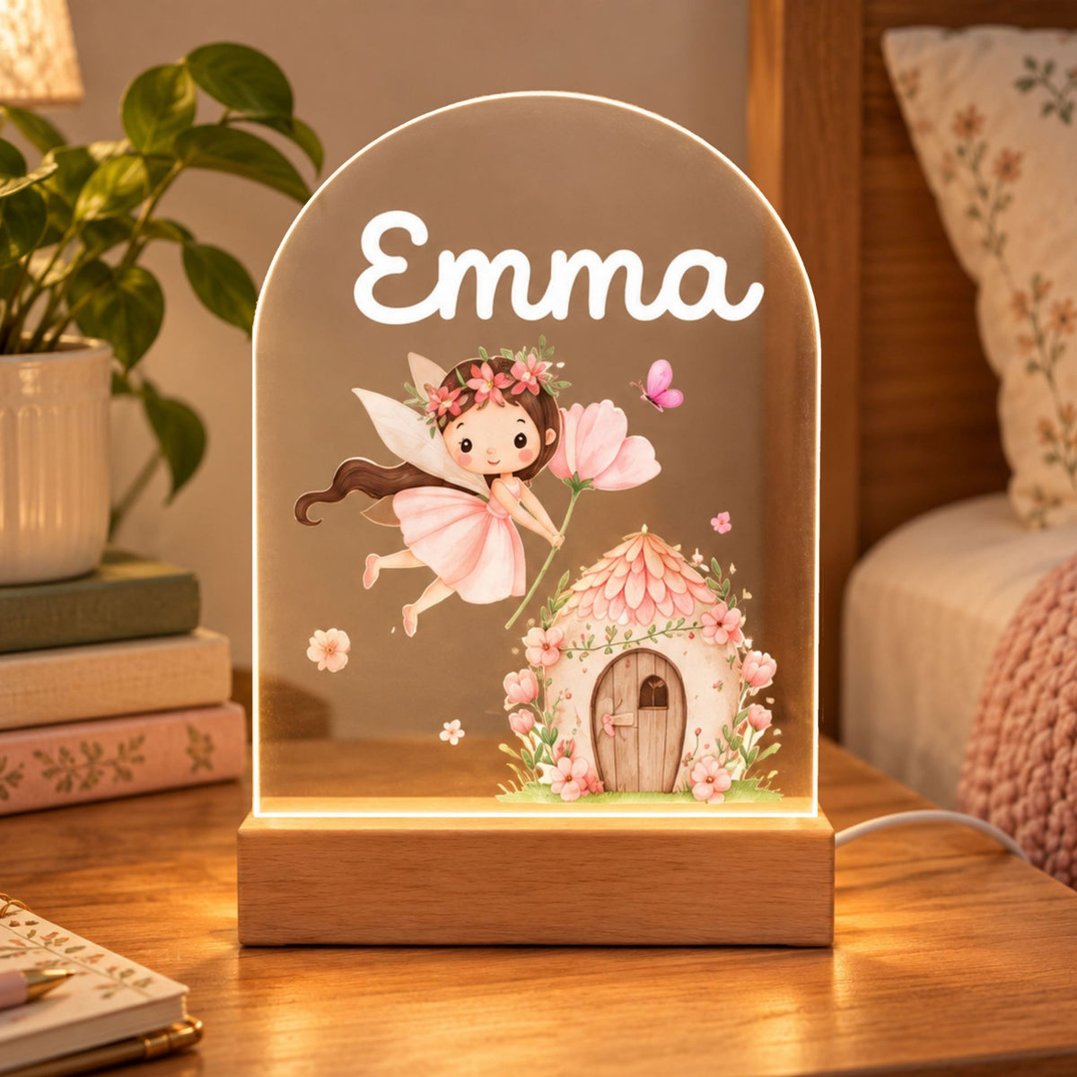 Acrylic night light with Emma, a pink fairy, and a flower-covered cottage glowing on a bedside table.