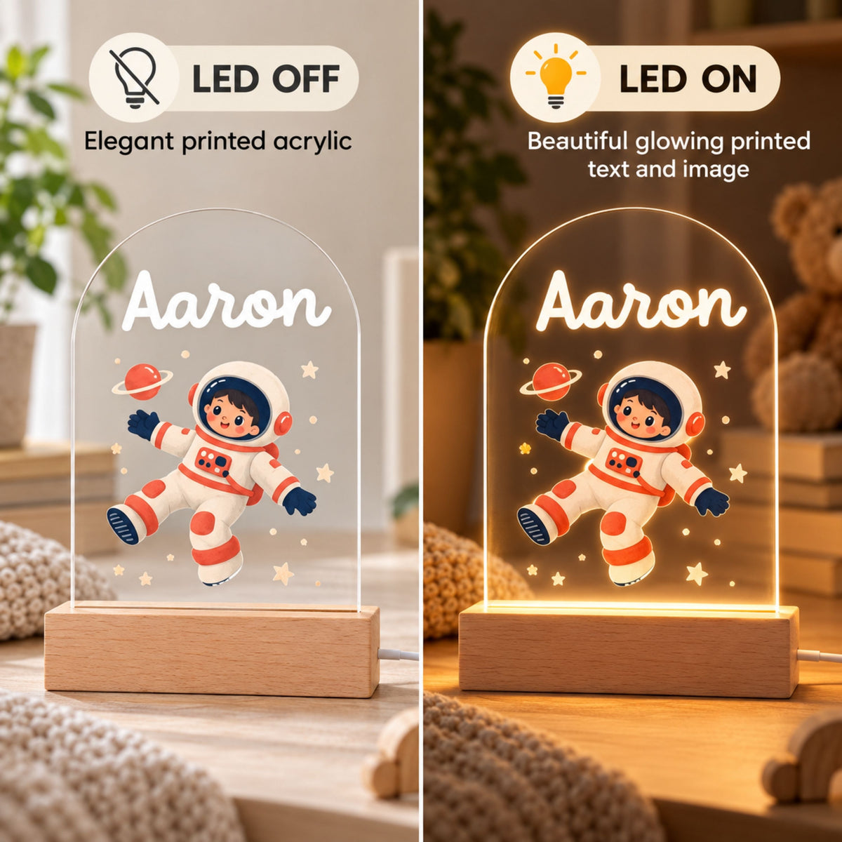 Side-by-side comparison shows the astronaut night light switched off and glowing with its name and design illuminated.