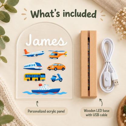 Graphic displays the acrylic panel, a wooden-looking base, and a white USB cable beside the transportation design.