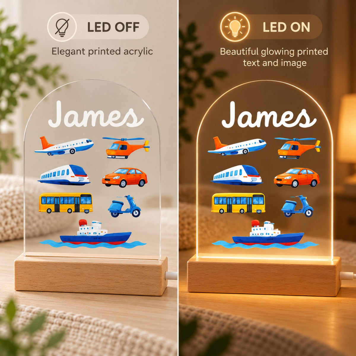 Side-by-side comparison shows the personalized transportation night light with its light off and on.