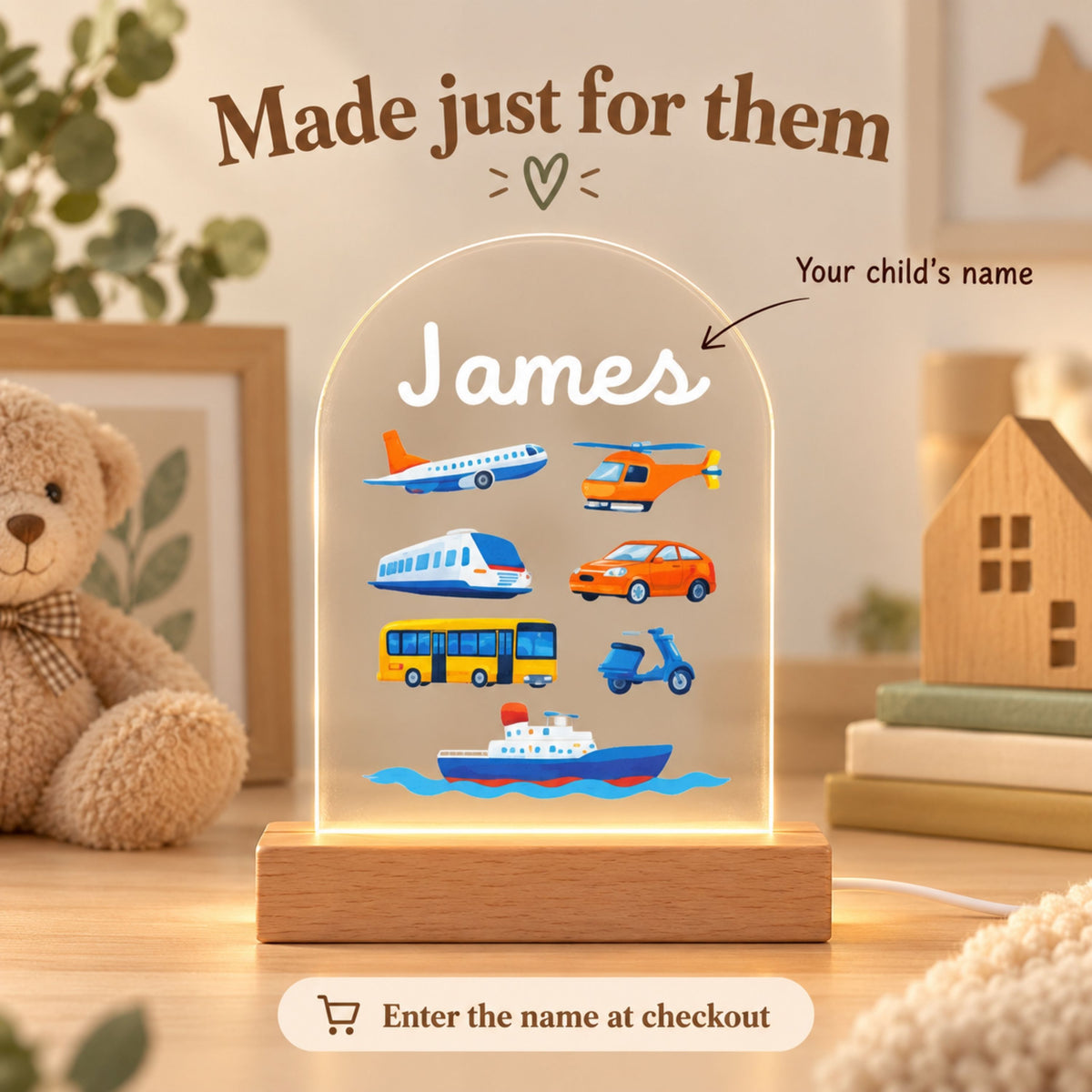Personalization graphic shows the name James on the transportation night light and prompts entering a child's name.