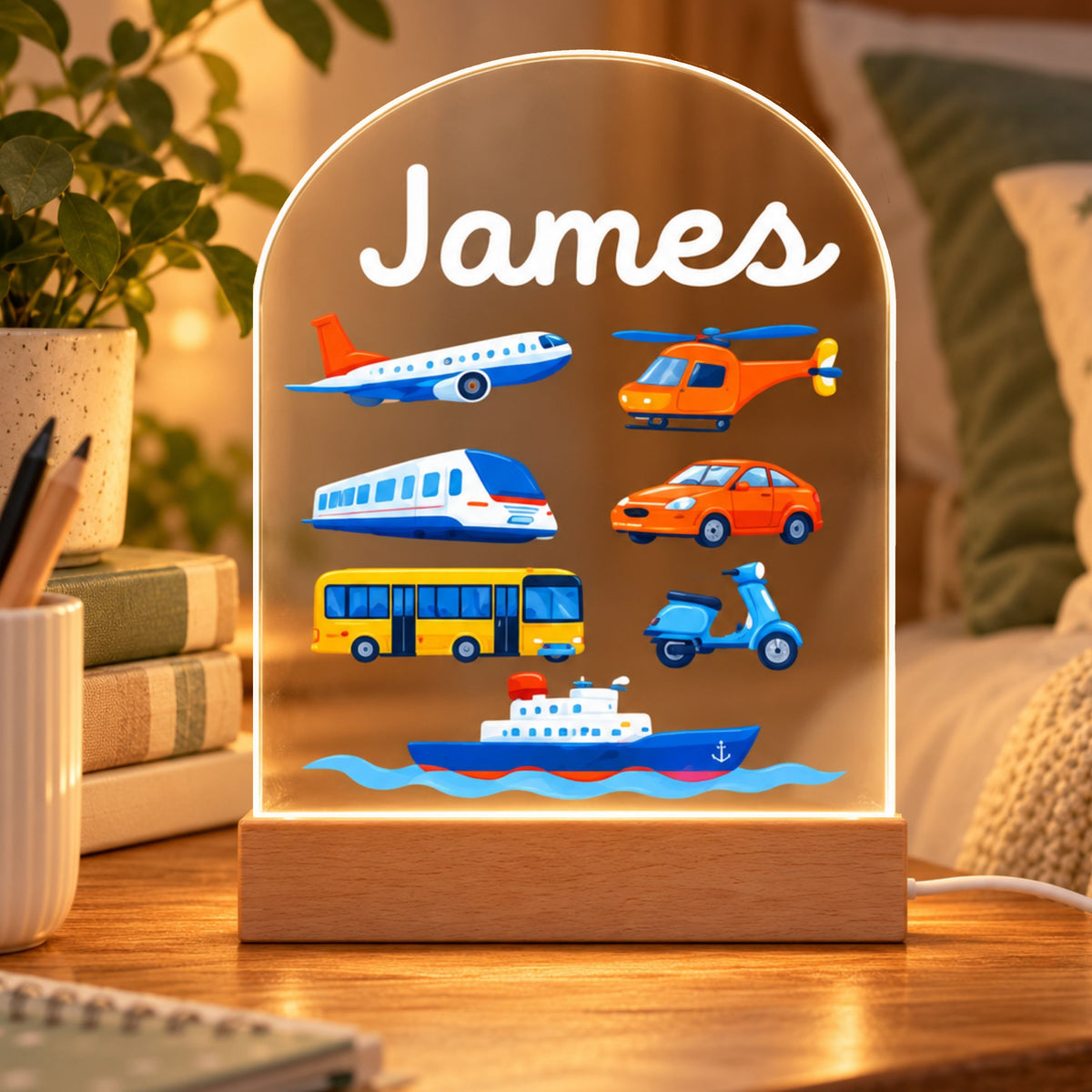 Acrylic night light with the name James and colorful vehicles, displayed on a wooden-looking base in a cozy room.
