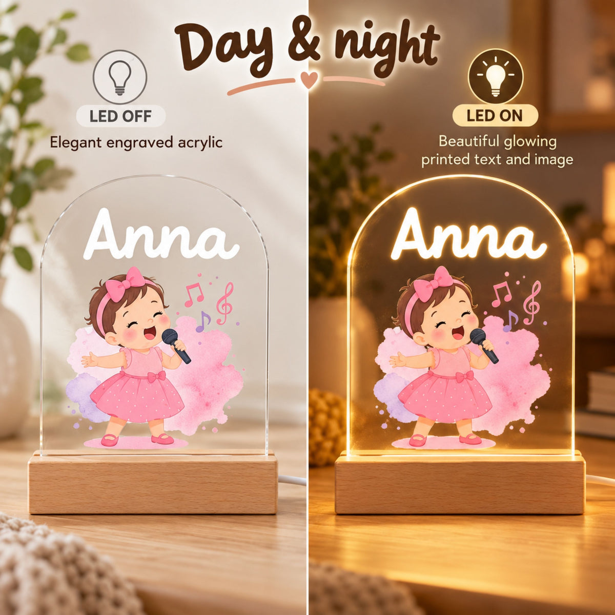 Side-by-side comparison shows the Anna singer design unlit and glowing warmly in a dim room.