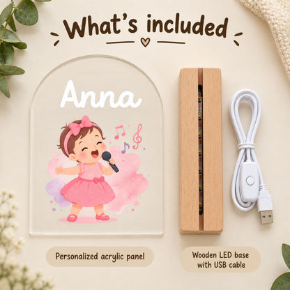 Graphic displays a personalized acrylic panel, a wooden LED base, and a white USB cable.