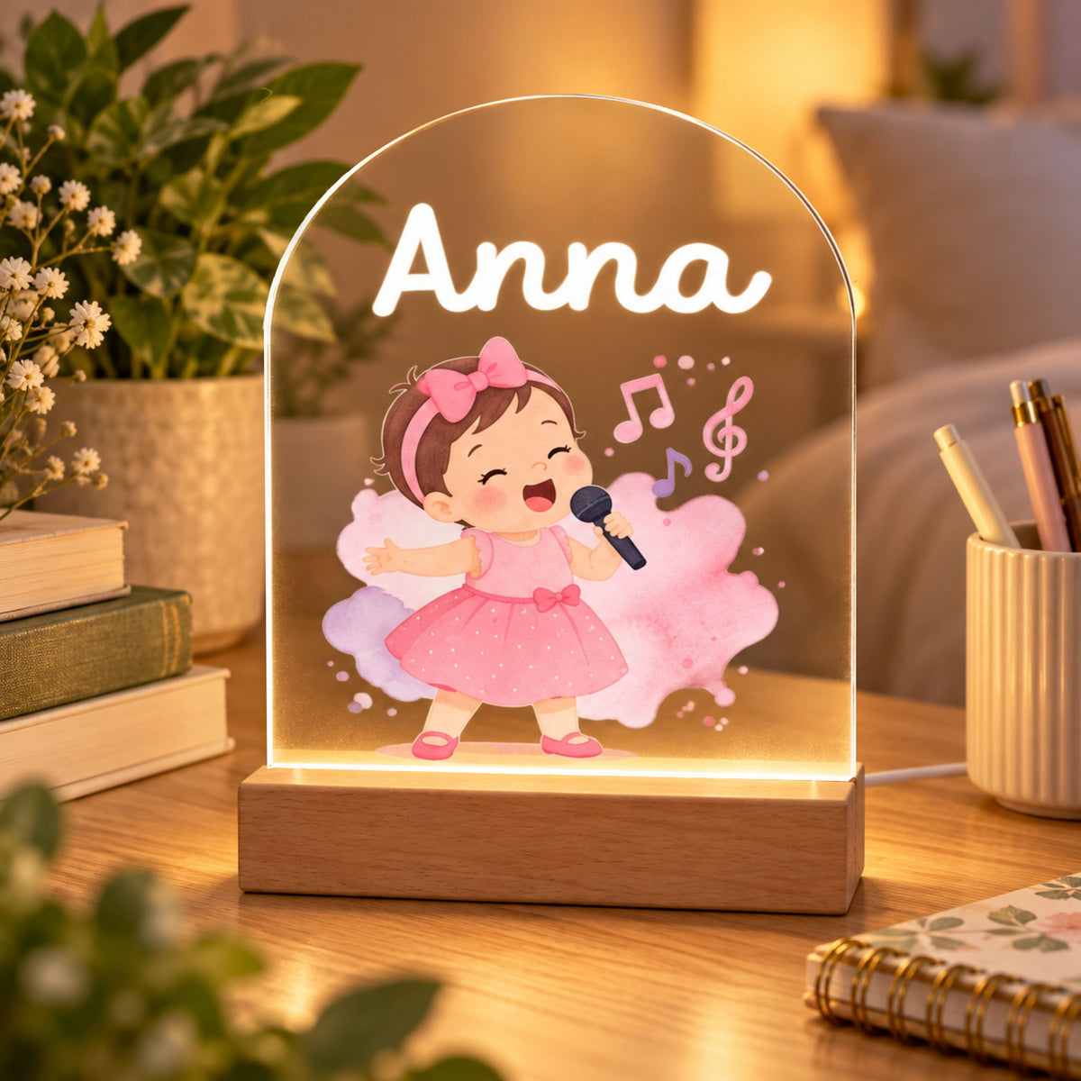 Acrylic night light displaying Anna above a girl singing into a microphone, styled on a warm bedside table.