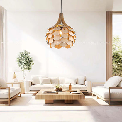 Modern wooden chandelier with pine cone shape, perfect for Nordic interiors