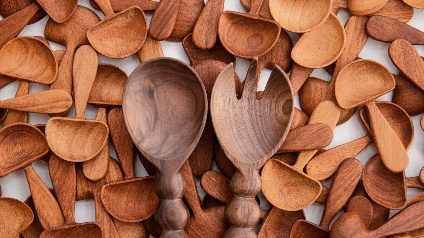 Walnut Wooden Salads Serverson the Mushroom Spoon Background