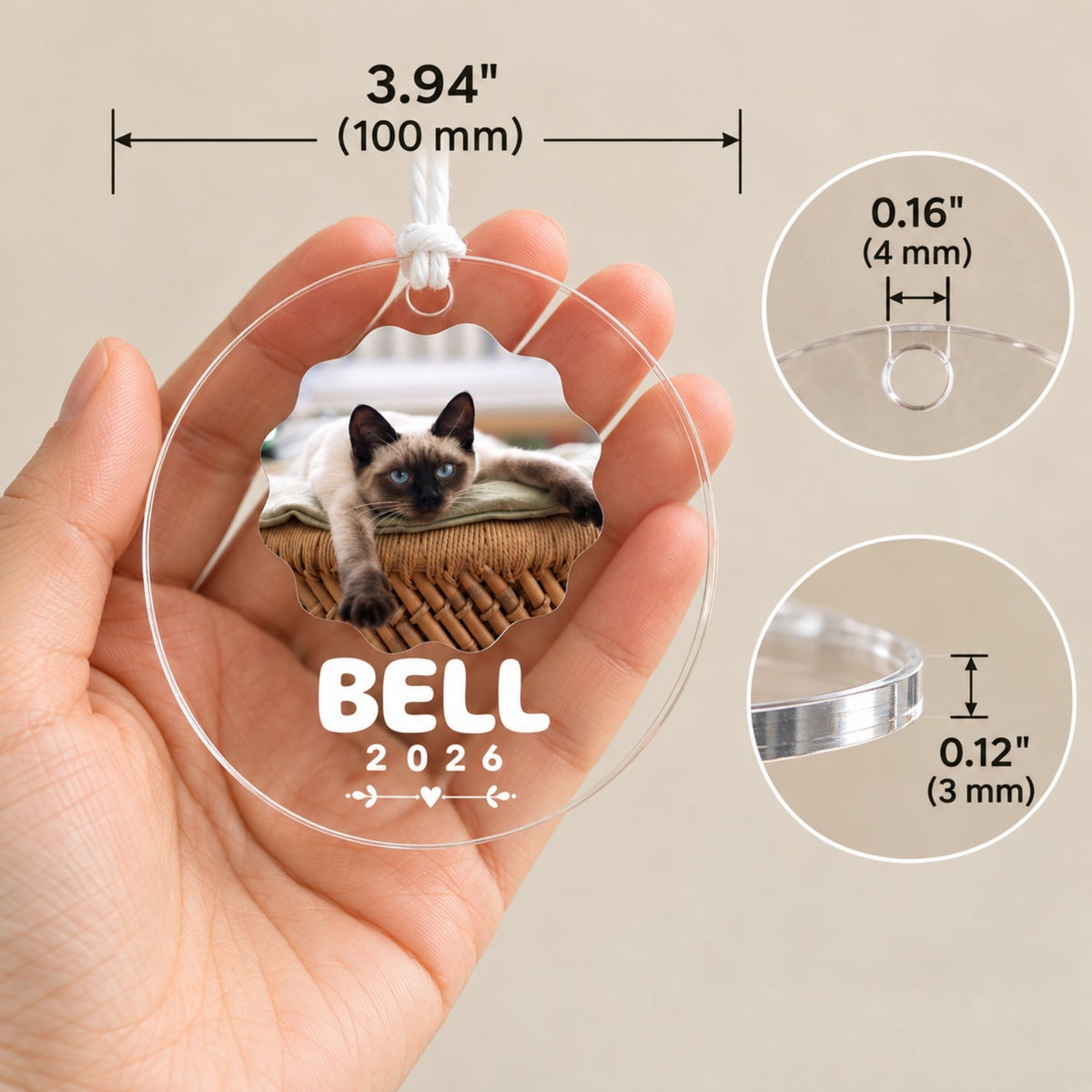 Hand holding a custom round acrylic pet ornament with measurement callouts showing 3.94-inch diameter and 0.12-inch to 0.16-inch thickness.