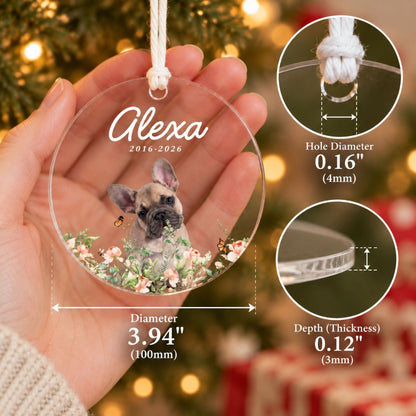 Hand holding a custom acrylic pet memorial ornament with measurement callouts indicating 3.94-inch diameter, 0.16-inch hole, and 0.12-inch thickness.