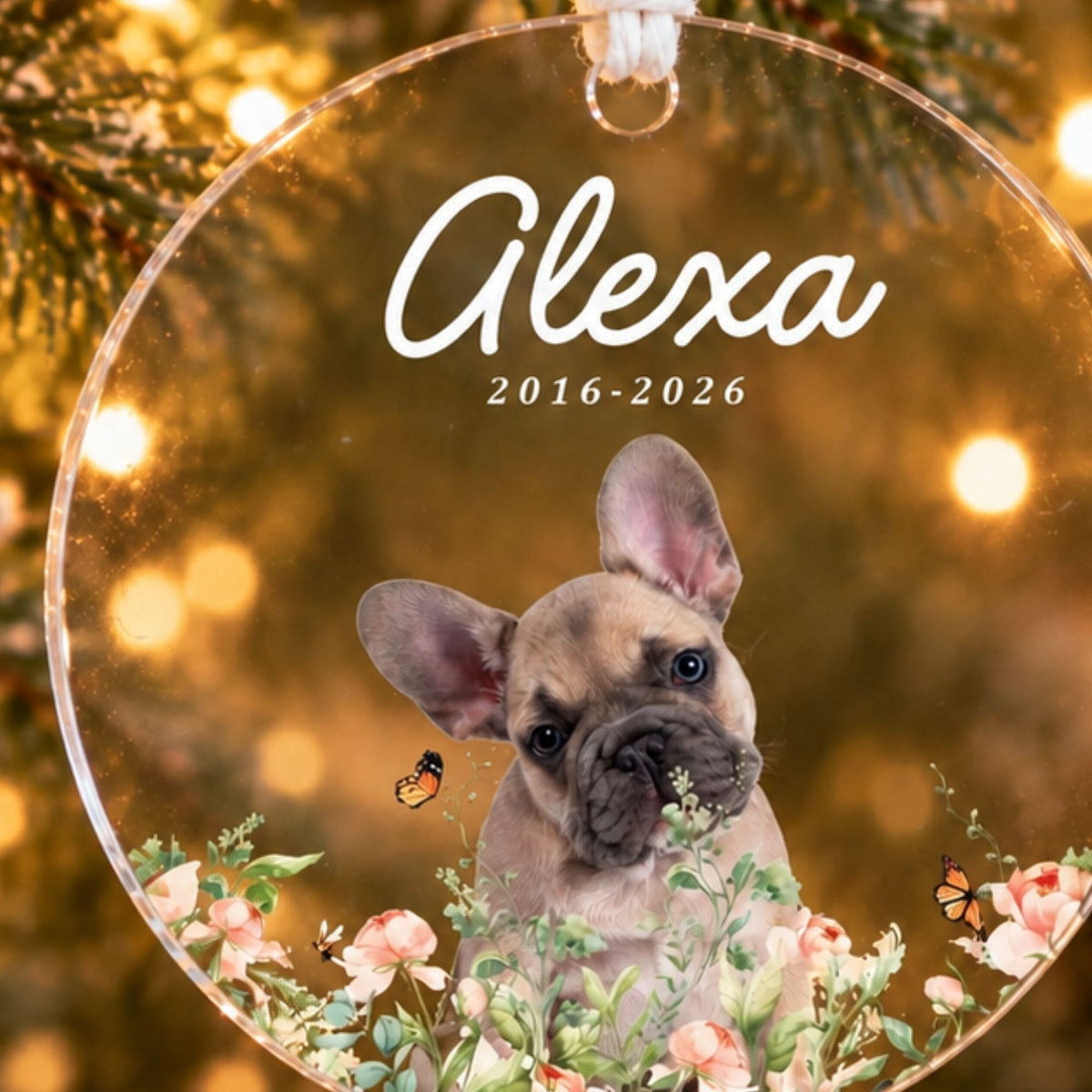 Close-up view of a personalized French bulldog memorial acrylic ornament showcasing high-clarity print and polished laser-cut edges against bokeh tree lights.