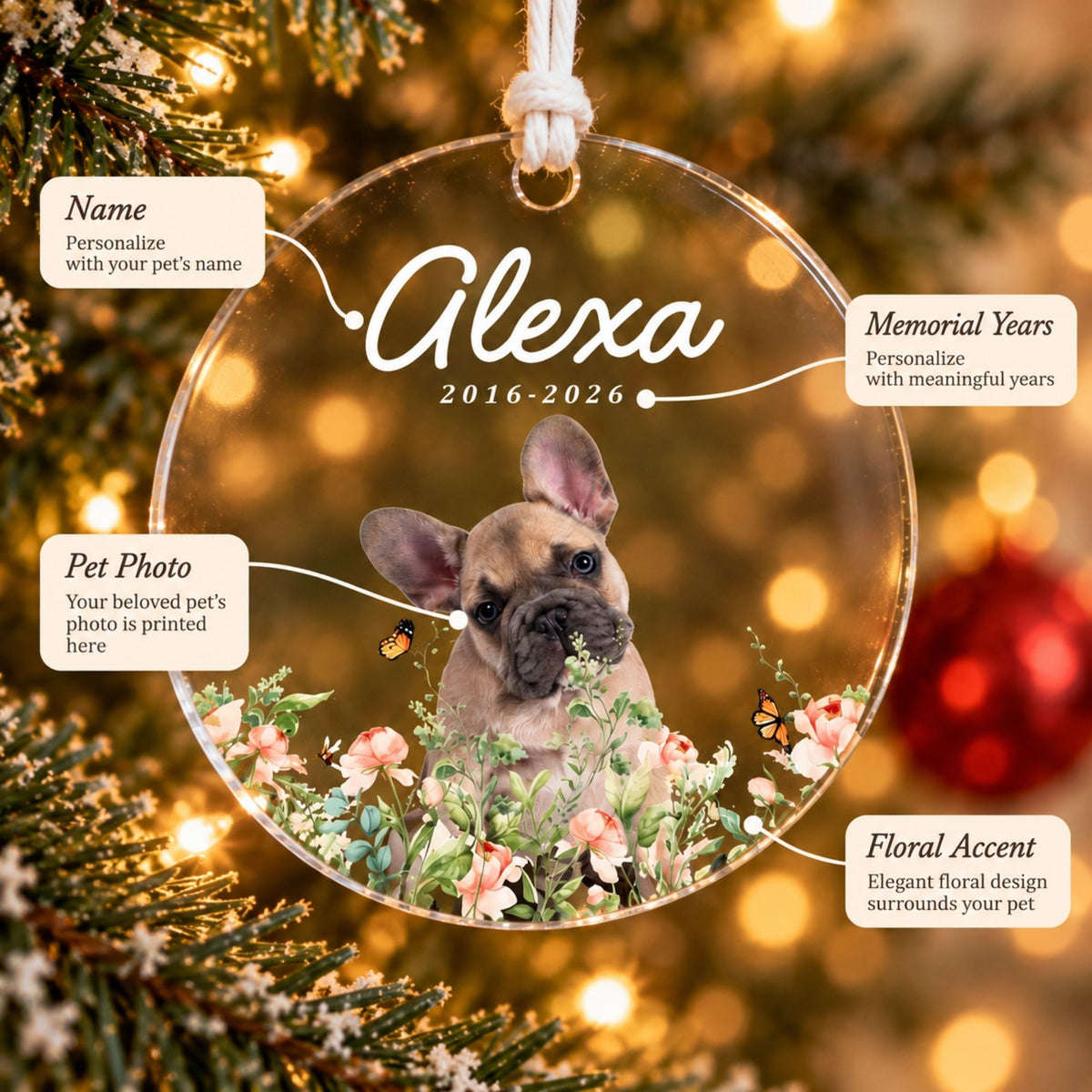 Personalization diagram for a custom acrylic pet memorial ornament highlighting custom name, memorial years, pet photo, and floral accent details.