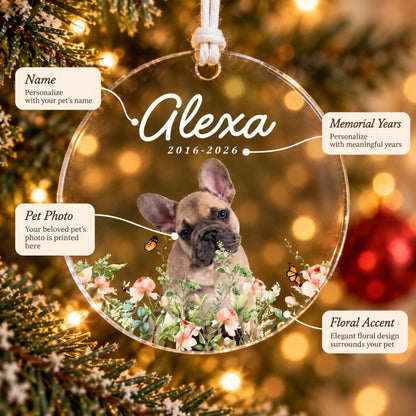 Personalization diagram for a custom acrylic pet memorial ornament highlighting custom name, memorial years, pet photo, and floral accent details.