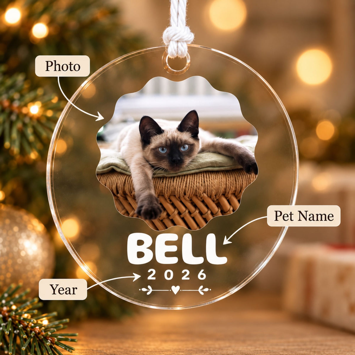 Personalization guide diagram for a custom pet acrylic Christmas ornament highlighting customizable photo, pet name, and commemorative year options.
