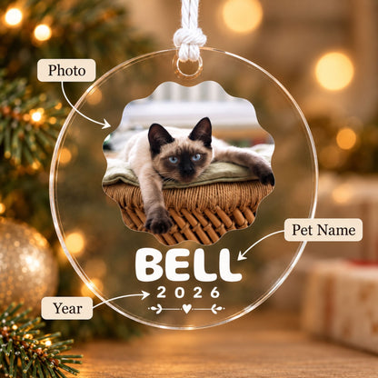 Personalization guide diagram for a custom pet acrylic Christmas ornament highlighting customizable photo, pet name, and commemorative year options.