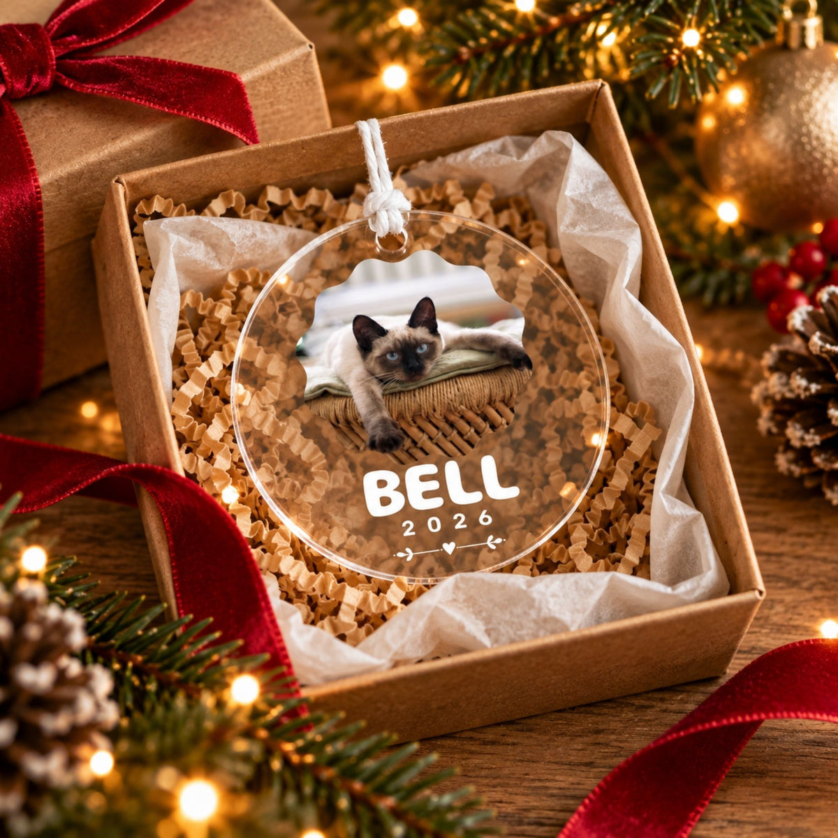 Custom pet photo acrylic ornament nestled in shredded kraft paper inside an open gift box surrounded by holiday garland and pinecones.