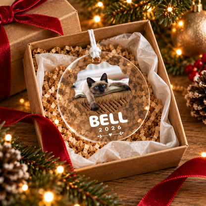 Custom pet photo acrylic ornament nestled in shredded kraft paper inside an open gift box surrounded by holiday garland and pinecones.