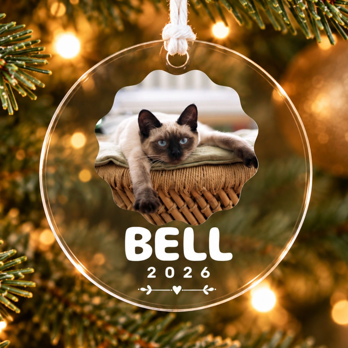 Custom clear acrylic Christmas ornament featuring a personalized Siamese cat photo, name Bell, and year 2026 hanging on an illuminated Christmas tree.
