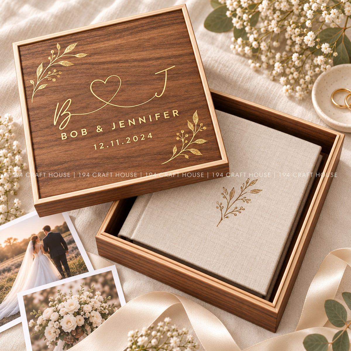 Personalized Walnut Wedding Keepsake Box, Custom Photo Album Box, Engraved Memory Box, Wedding Gift, Gold Foil Photo Storage