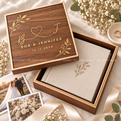Personalized Walnut Wedding Keepsake Box, Custom Photo Album Box, Engraved Memory Box, Wedding Gift, Gold Foil Photo Storage