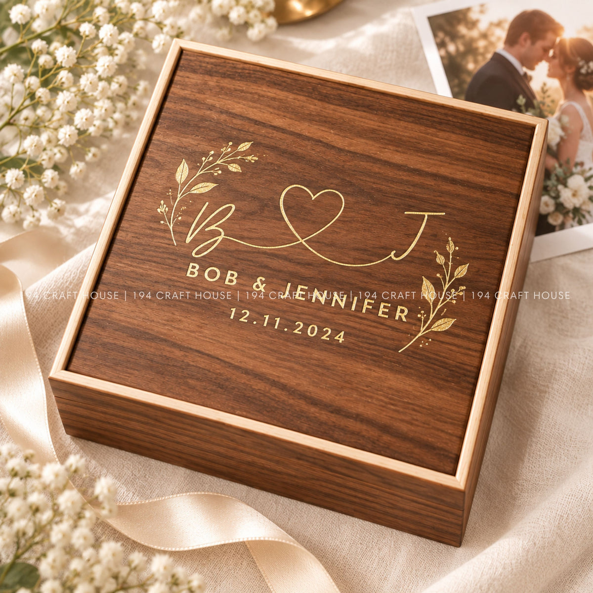 Personalized Walnut Wedding Keepsake Box, Custom Photo Album Box, Engraved Memory Box, Wedding Gift, Gold Foil Photo Storage