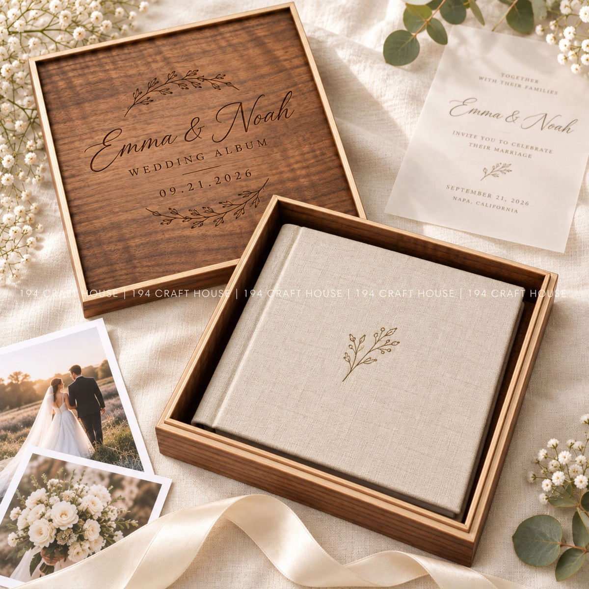 Personalized Walnut Wedding Keepsake Box, Custom Photo Album Box, Engraved Memory Box, Wedding Gift, Gold Foil Photo Storage