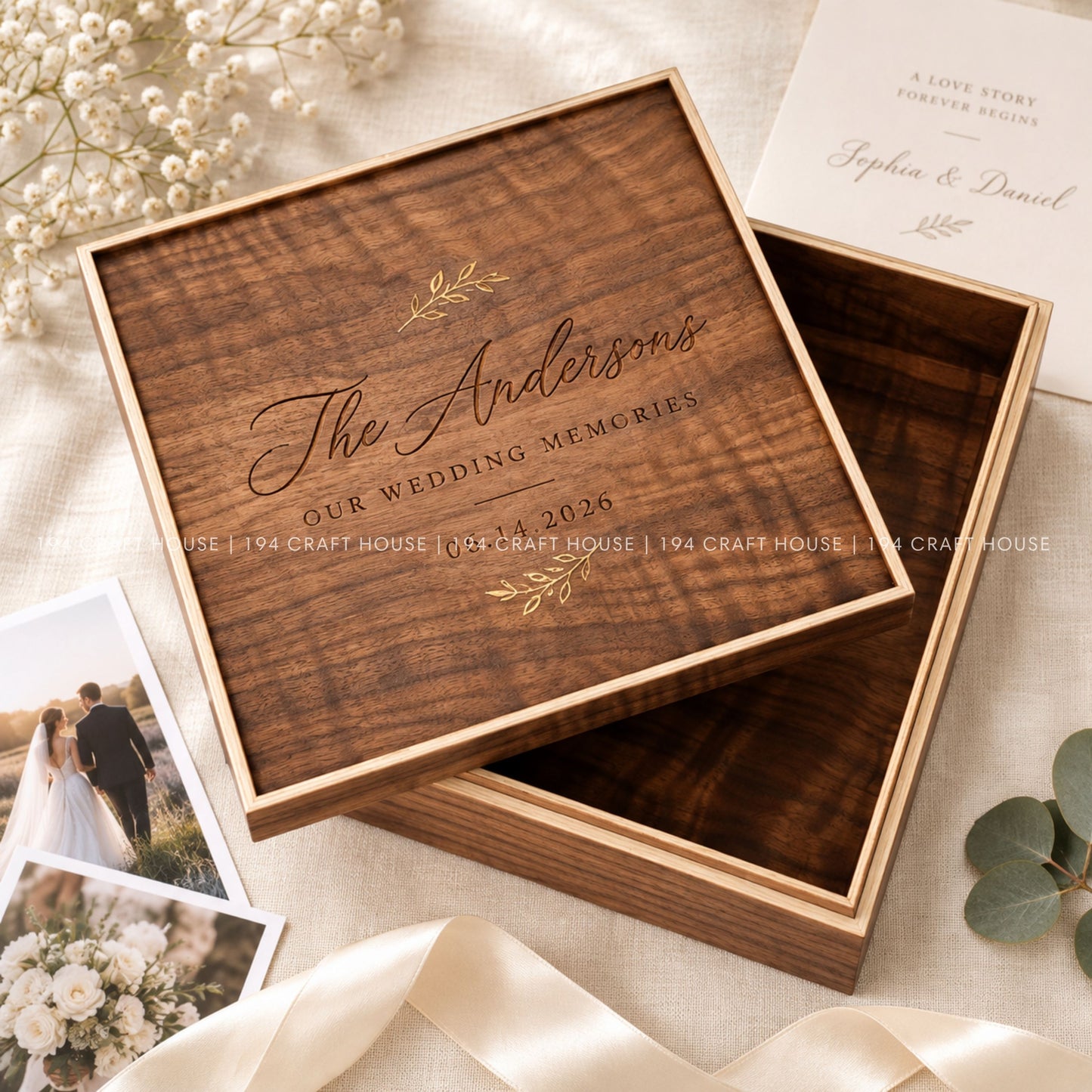 Personalized Walnut Wedding Keepsake Box, Custom Photo Album Box, Engraved Memory Box, Wedding Gift, Gold Foil Photo Storage