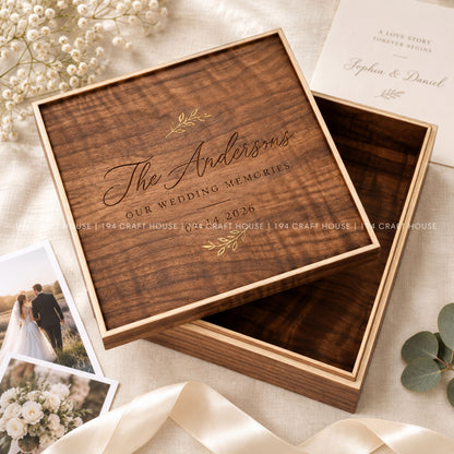 Personalized Walnut Wedding Keepsake Box, Custom Photo Album Box, Engraved Memory Box, Wedding Gift, Gold Foil Photo Storage